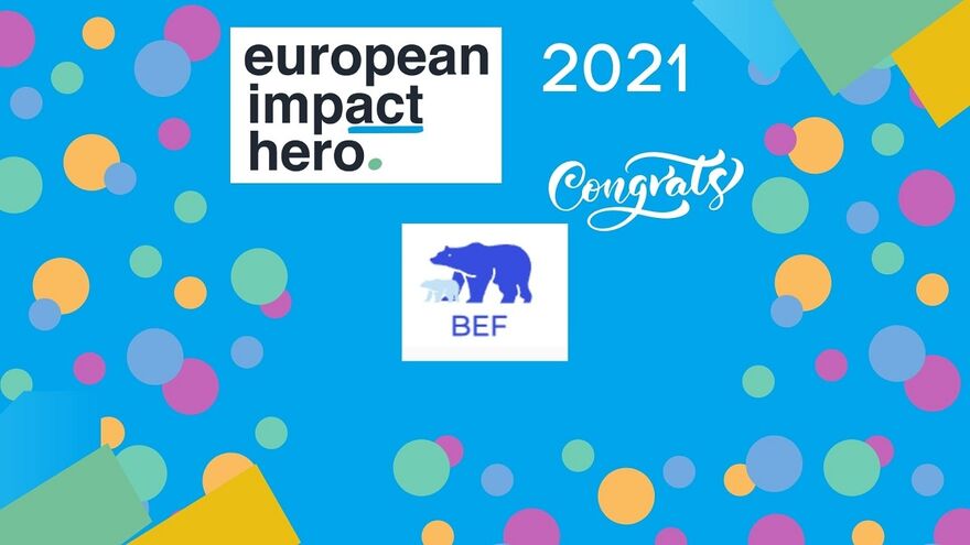 Siegerehrung für den European Impact Hero: Der Gewinner Biodiversity & Ecosystem Futures (BEF) ist ein gemeinnütziges Unternehmen aus dem Vereinten Königreich (UK), das Technologielösungen entwickelt, um die Lücke zwischen der Wiederherstellung von Ökosystemen und Unternehmen zu schließen.