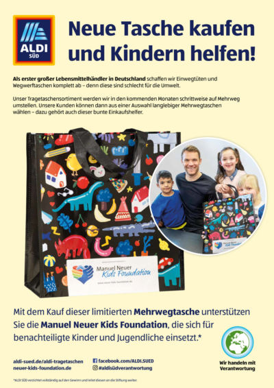 Mit der neuen Mehrwegtasche unterstützt ALDI SÜD erneut die Manuel Neuer Kids Foundation (MNKF). 