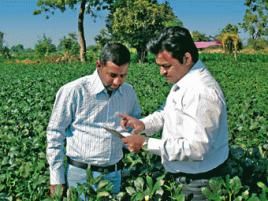 Ein indischer Landwirt (l.) im Gespräch mit einem Pflanzenschutz-Fachmann von Bayer CropScience, Foto: Bayer Crop Science
