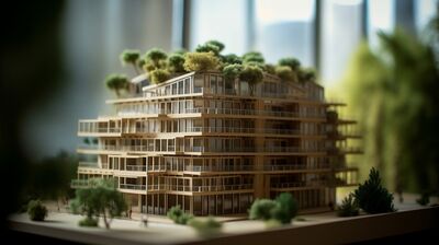 Architektur, Planung und Umwelt mit Gebäudemodell für Konstruktion, Nachhaltigkeit und Futurismus.