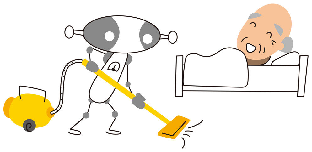 Die Grafik zeigt einen Roboter mit Staubsauger, während ein alter Mann im Bett liegt.