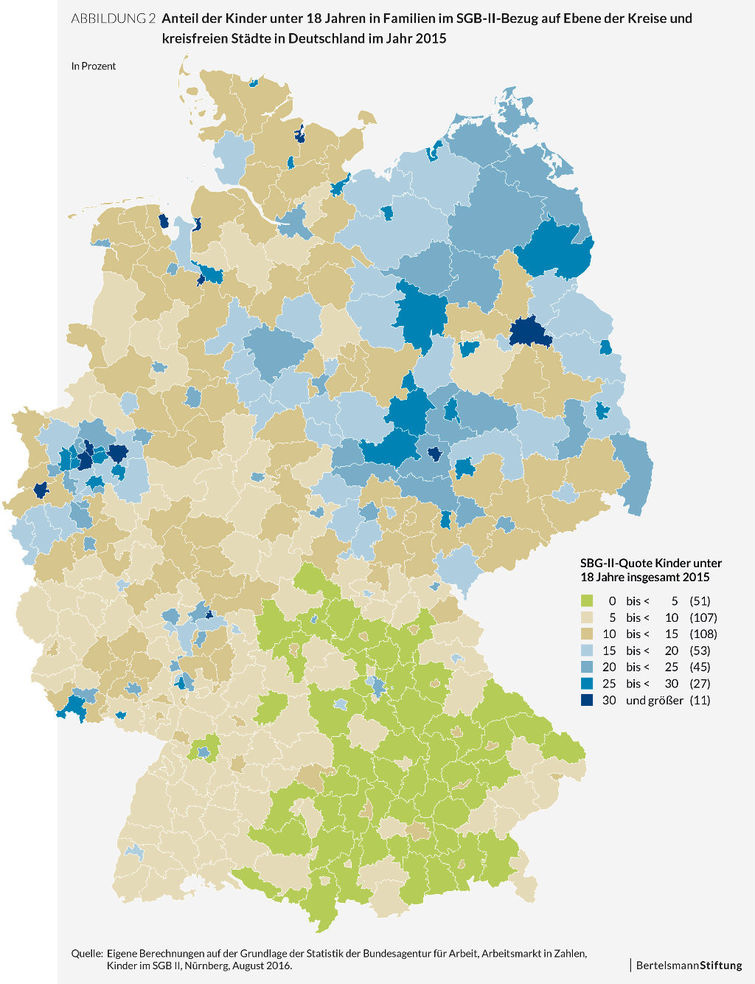 Anteil der Kinder unter 18 Jahren in Familien im SGB-II-Bezug auf Ebene der Kreise und kreisfreien Städte in Deutschland im Jahr 2015.