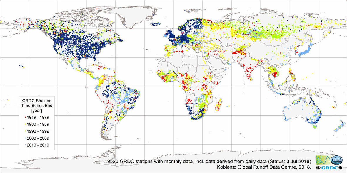 GRDC: die Datenbank führt 9520 Stationen mit monatlichen Daten.