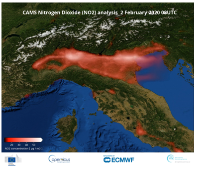 NO2-Konzentration in Bodennähe in Norditalien am 2. Februar, von CAMS beobachtet.