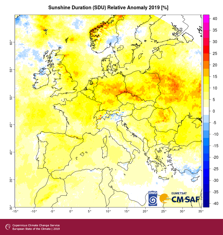 Anomalie der Sonnenstunden 2019 relativ zur Referenzperiode von 1983-2012. Datenquelle: EUMETSAT CM SAF. 