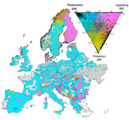 Die Karte zeigt die Verteilung der Lücken bezüglich Schutz, Wiederherstellung und Aufwertung von Primärwäldern in Europa zur Erfüllung der aktuellen Schutzziele.