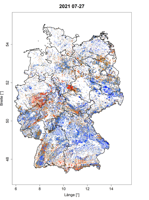 Im Jahr 2021 war der Zustand des Waldes in Deutschland vergleichsweise gut – rote Punkte im WZM zeigen eine niedrige Vitalität an, blaue Punkte eine hohe Vitalität der Bäume