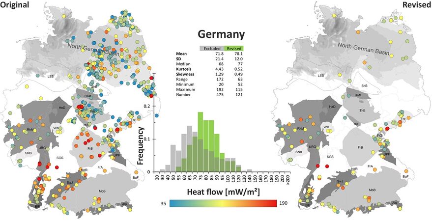Die Gesamtheit aller Wärmestrom-Daten Deutschlands (links) gegenüber der qualitätsgeprüften Wärmestrom-Daten (rechts), die als neue Berechnungsgrundlage für den Mittelwert der Wärmestromdichte [mW/m^2] Deutschlands verwendet wurden. Die mittlere Grafik zeigt die von der weiteren Analyse ausgeschlossenen Daten in grau (Qualität Kategorie 5-6) und die überarbeiteten Daten in grün (CAT 1-4).