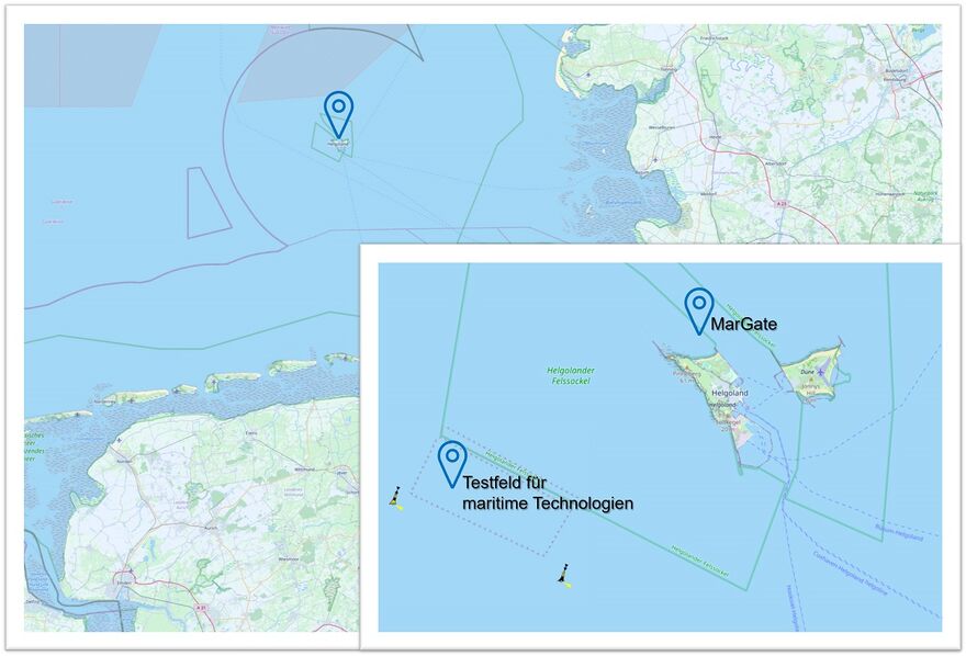Standorte des Testfelds für maritime Technologien des Fraunhofer IFAM und „MarGate“ vom AWI Zentrum für wissenschaftliches Tauchen, beide bei Helgoland.