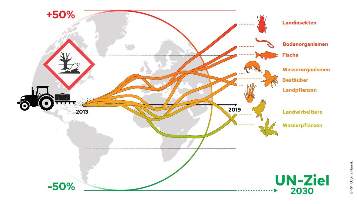 Ansteigende Trends der applizierten Pestizidgiftigkeit stehen der Erreichung der globalen UN-Ziele zur Sicherung der Biodiversität entgegen. Grafik, RPTU, Sina Hurnik