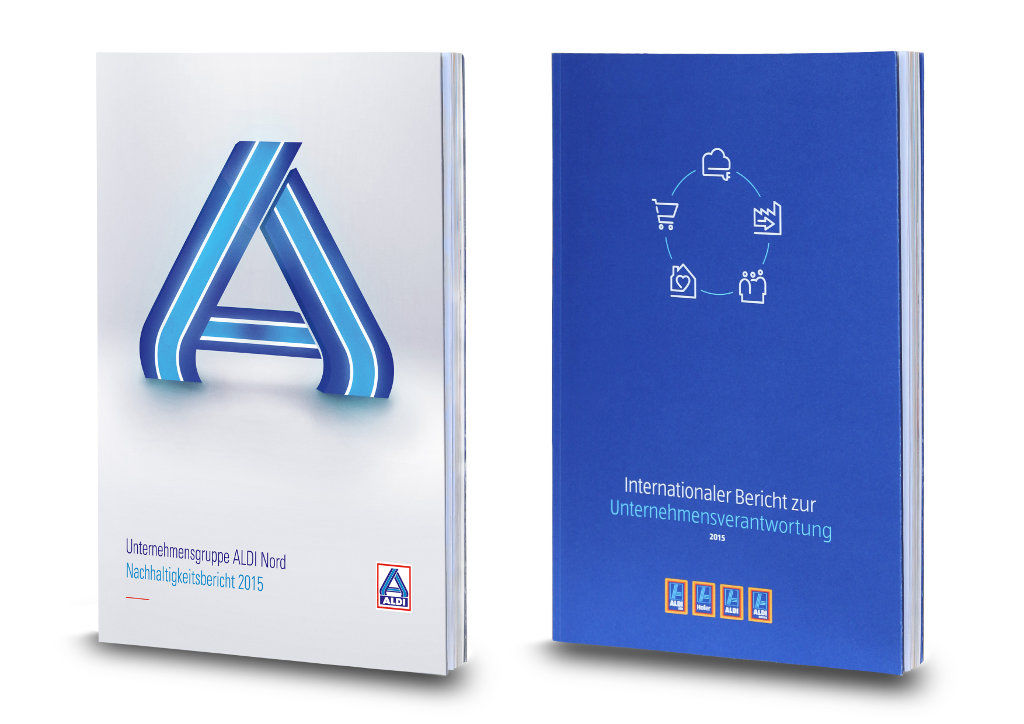 Die Cover der Nachhaltigkeitsberichte von ALDI NORD und ALDI SÜD.