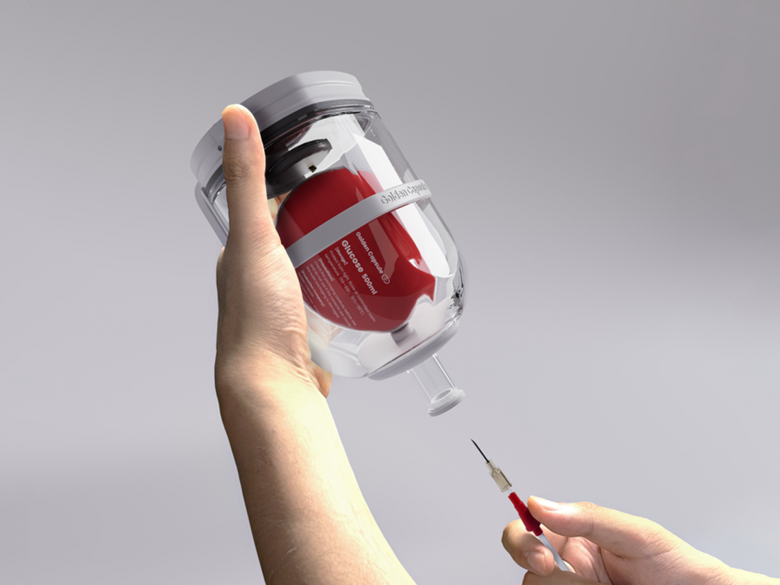 Die Golden Capsule ist ein Gerät zur Injektion von Medikamenten in Notfällen, das nicht mit Strom versorgt wird. Die Retter müssen sich nicht durch raue Umgebungen bewegen und dabei mehrere intravenöse Packs in der Hand halten.