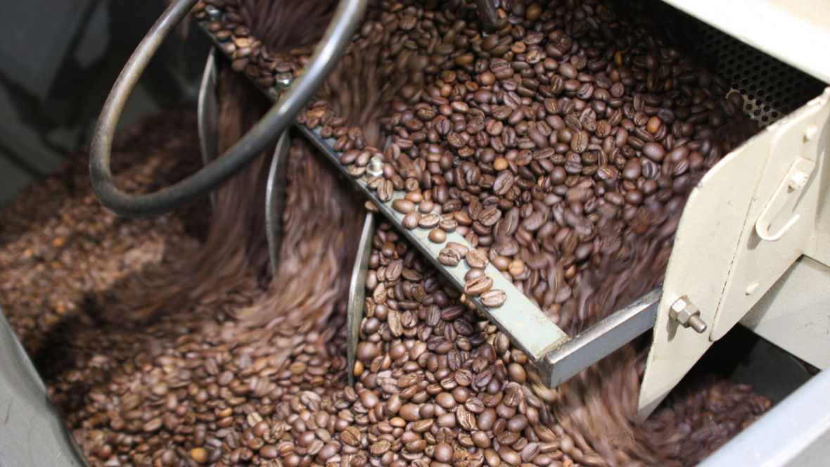 Geröstete Kaffeebohnen kommen aus der Kühleinheit