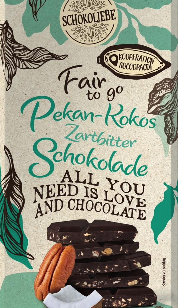 Fair-to-go-Schokolade Pekan-Kokos-Zartbitter 