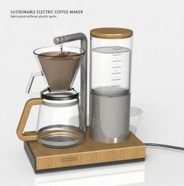 Die klassische Brühmaschine für Kaffee funktioniert auch ohne Kunststoff. Die Behälter sind aus Glas. Die Fassung aus FSC-zertifiziertem Holz sowie Steigrohr und Wassertanksockel aus Edelstahl. Ökologisch und ästhetisch. Grafik: FederDesign