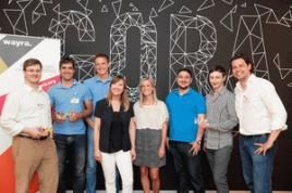 v.li. Marcus Aschenbrenner von Hapticom, Matja Tercelj &amp; Damir Kervina von Naymit, Tanja Kufner &amp; Christine Sturm von Wayra, Manuel Krapf, Roland Cernat &amp; Nicolas Strobel von ImmoMatch, Bild: Telefonica